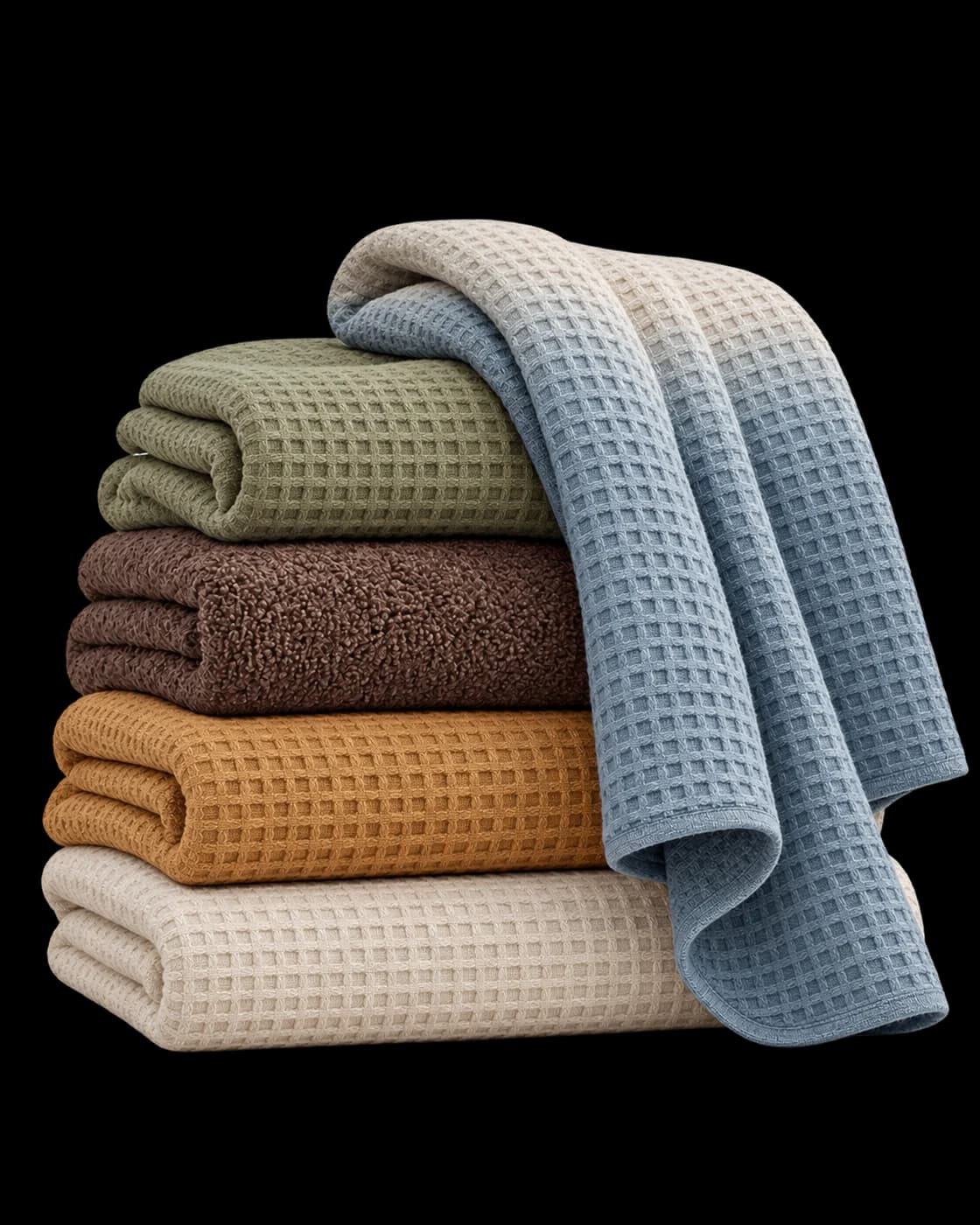 A tactile stack of ivory, ochre, cocoa and olive towels with an ombré dusty-blue waffle towel draped over the front