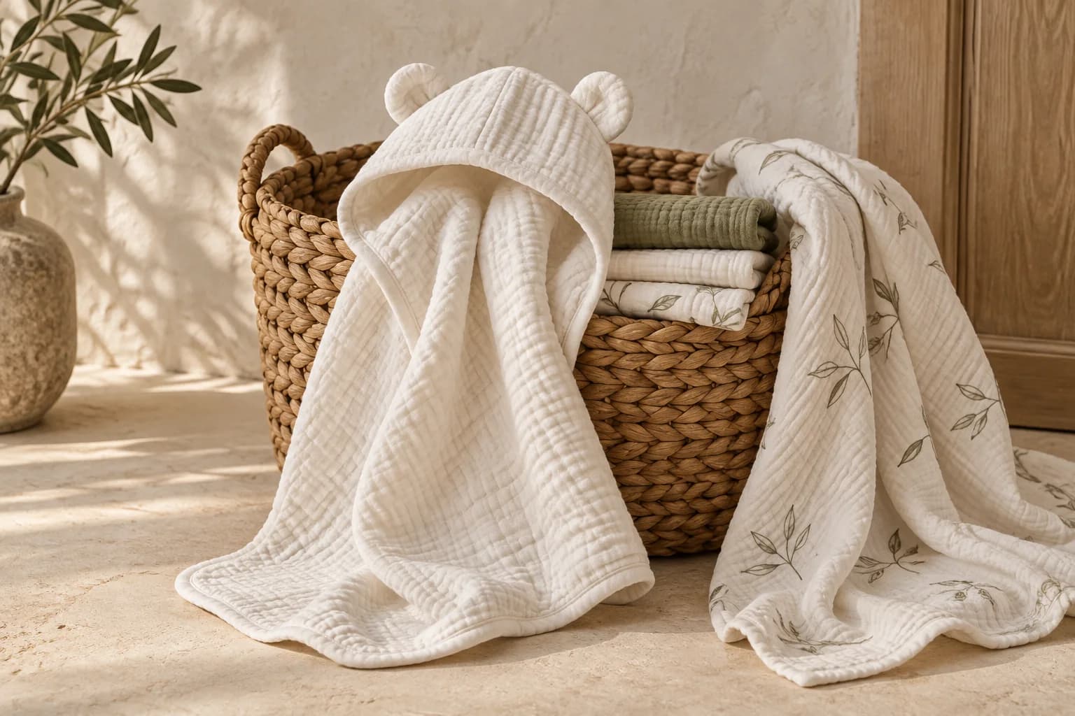 Soft muslin cloths, botanical wraps and an ivory hooded towel beside a woven basket