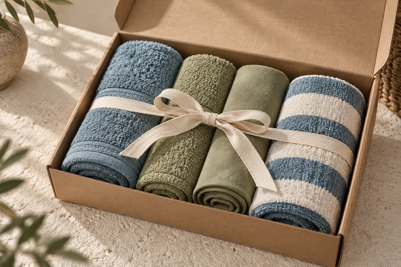 Four coordinated towels in dusty blue, olive and ivory in an open kraft gift box
