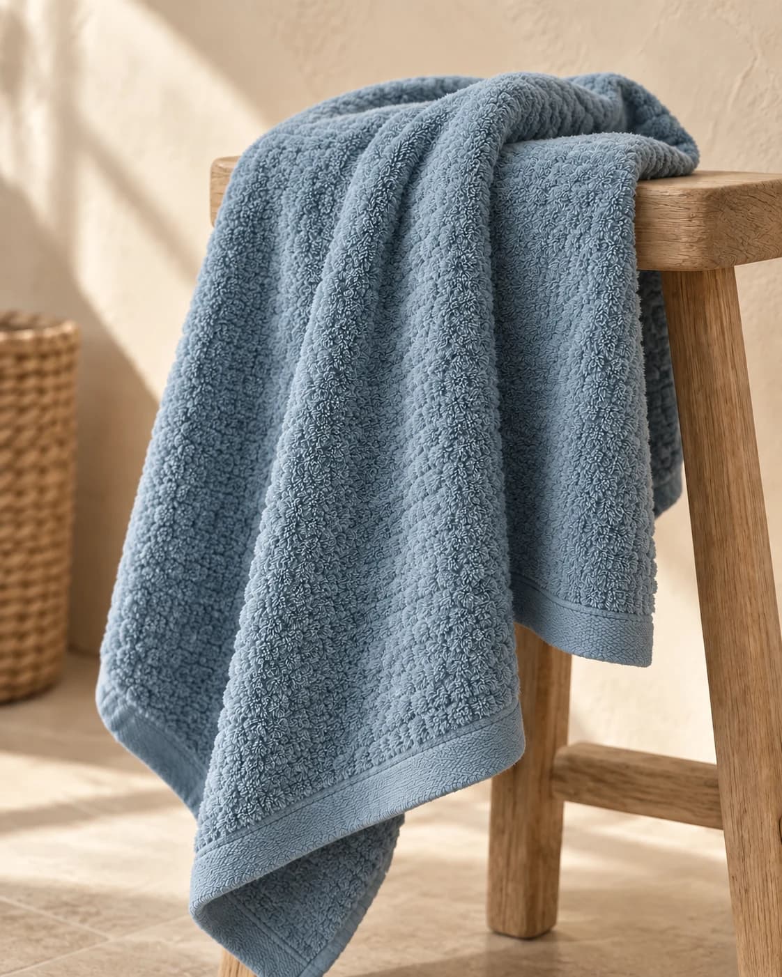 A dusty-blue cotton bath towel on an oak stool in a sunlit bathroom
